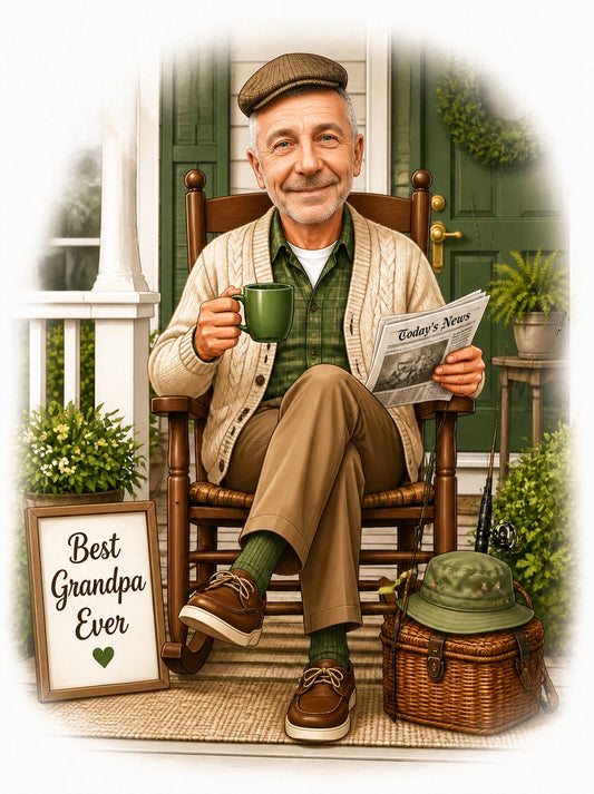 Grandpa on porch rocking chair with green mug, newspaper, and Best Grandpa Ever sign
