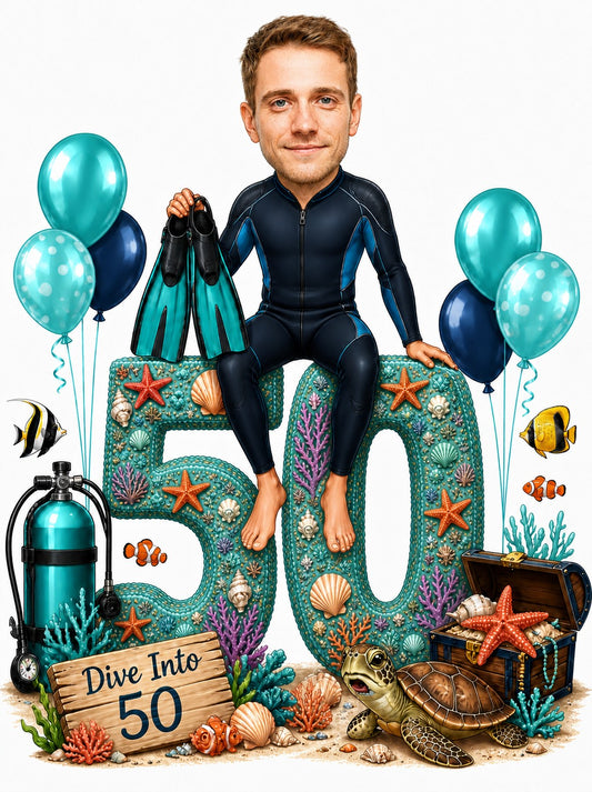 Man in wetsuit sits on coral 50, holding flippers, with tank, sea turtle, balloons.