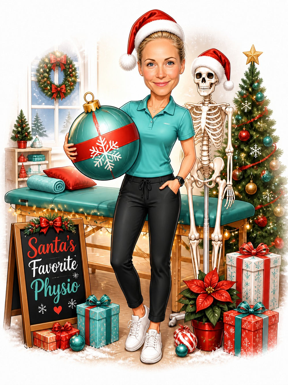 Female physiotherapist in Santa hat holding giant ornament beside skeleton and clinic table