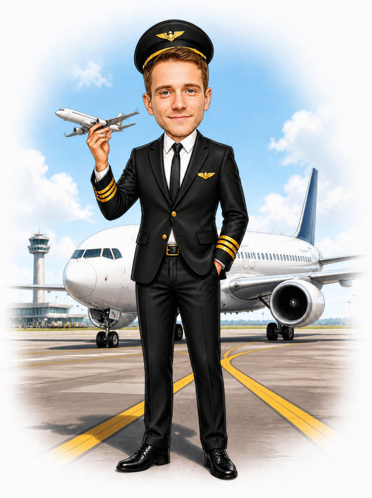 Airline pilot caricature with black captain uniform, toy jet, and airliner on runway.