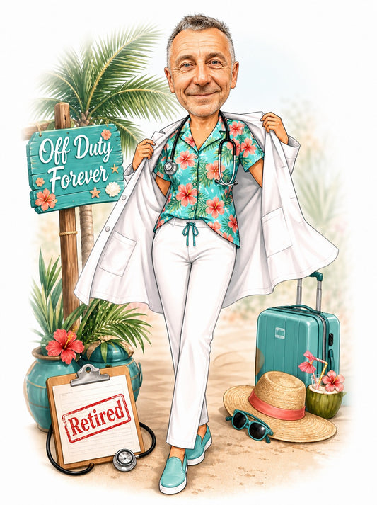 Retired doctor caricature on a tropical beach with Off Duty Forever sign and stethoscope.
