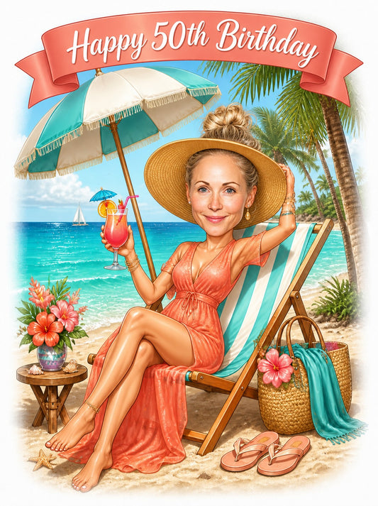 Woman on tropical beach chair with sun hat, coral dress, cocktail, Happy Birthday banner