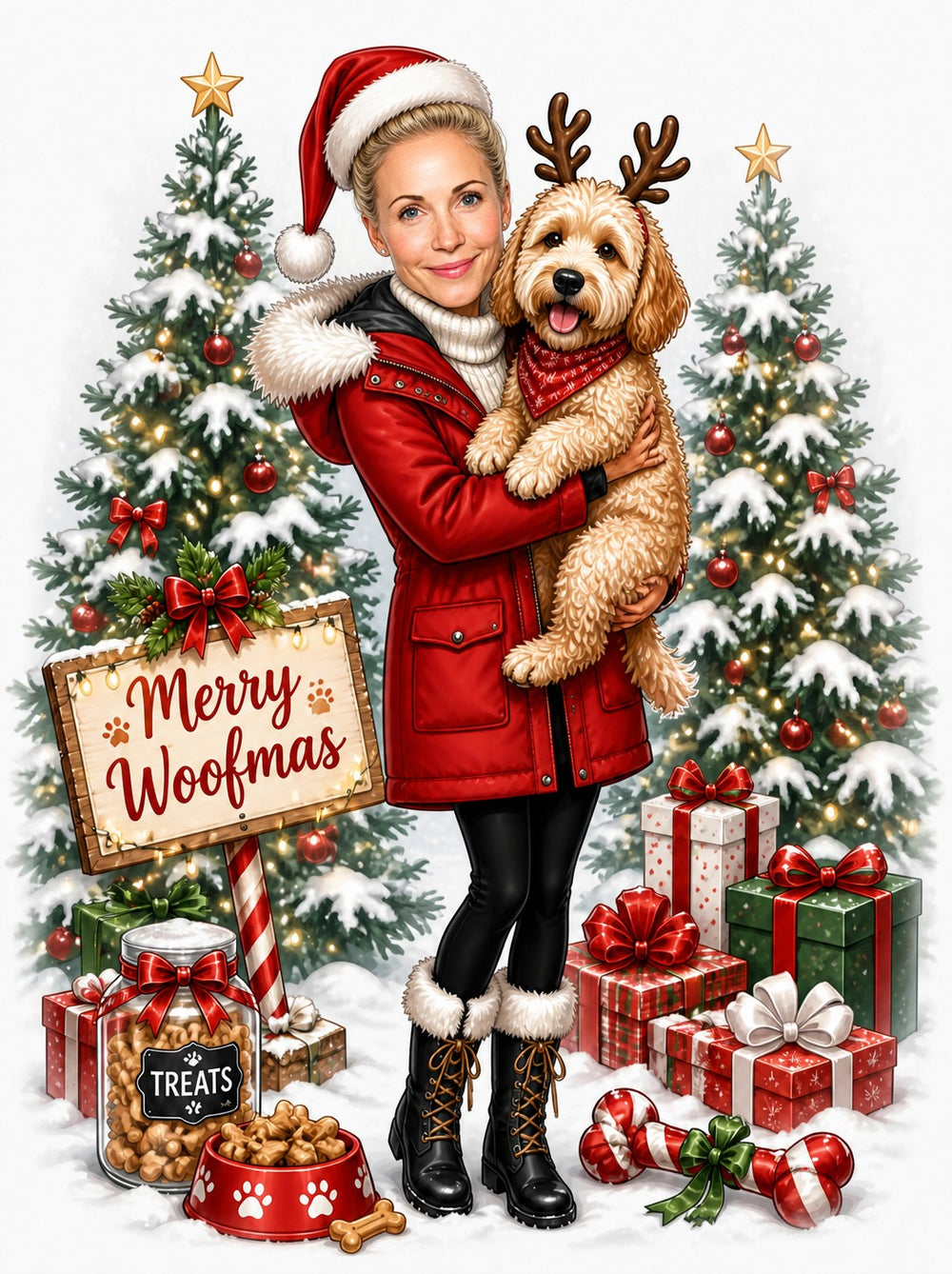 Woman in red coat holding antlered dog beside Merry Woofmas sign and snowy trees