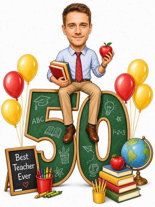 Male teacher on giant chalkboard 50 with apple, balloons and school supplies.