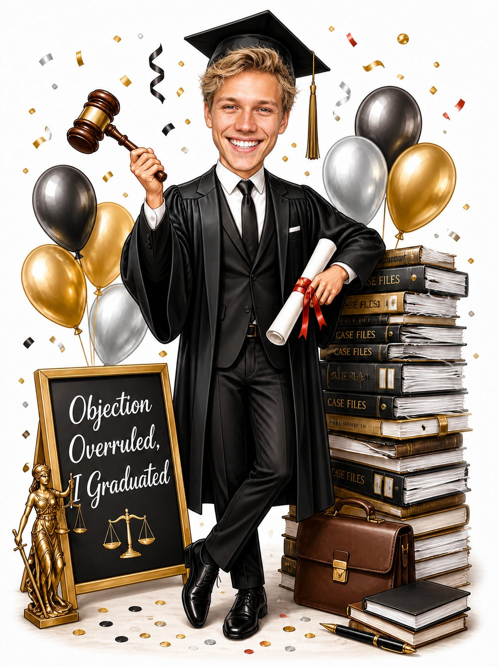 Law school graduation caricature with male graduate holding gavel, diploma, and chalkboard sign