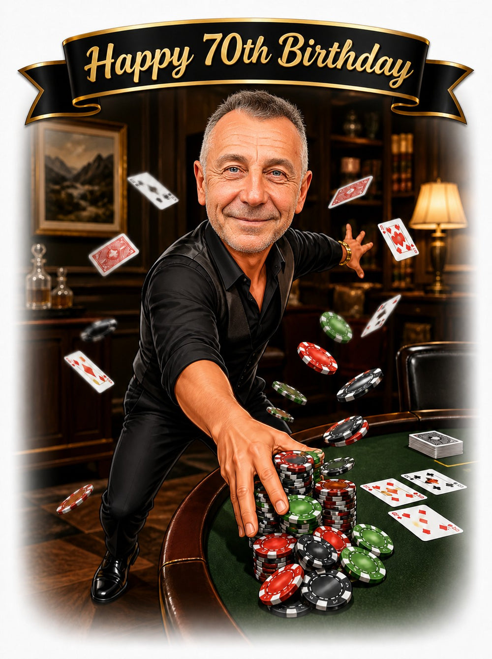 Poker birthday caricature with chips flying and Happy 70th Birthday banner