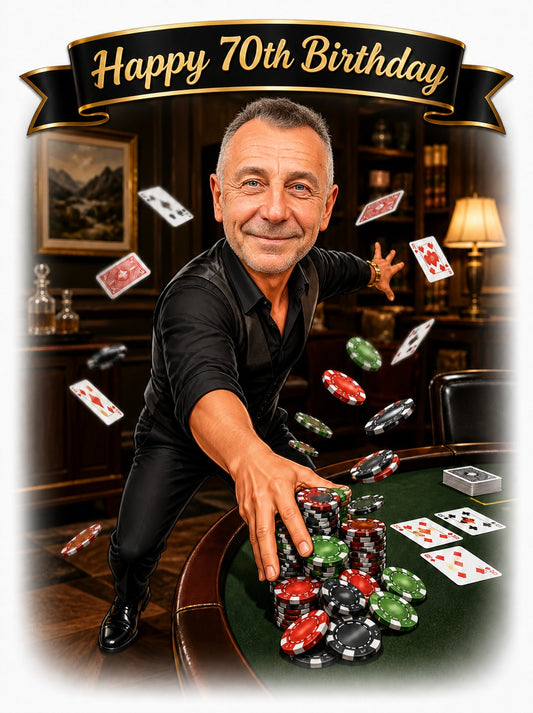 Poker birthday caricature with chips flying and Happy 70th Birthday banner