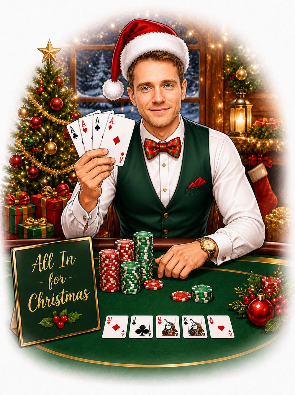 Man in Santa hat at poker table holding four aces, All In for Christmas sign.
