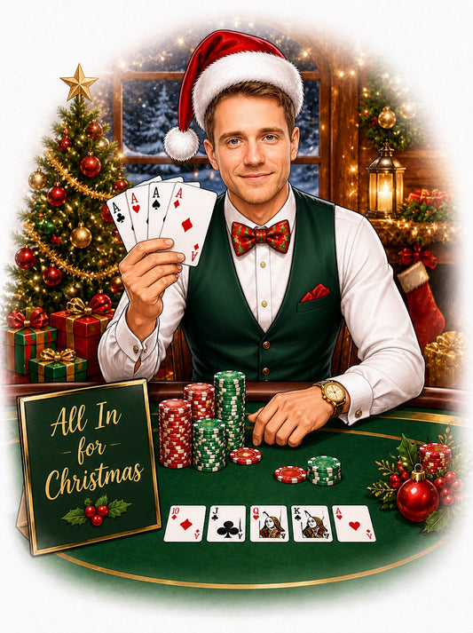 Man in Santa hat at poker table holding four aces, All In for Christmas sign.