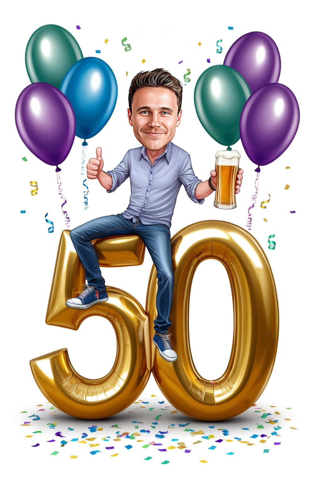 Man on giant gold age balloons, holding beer, thumbs-up, purple and teal balloons, confetti