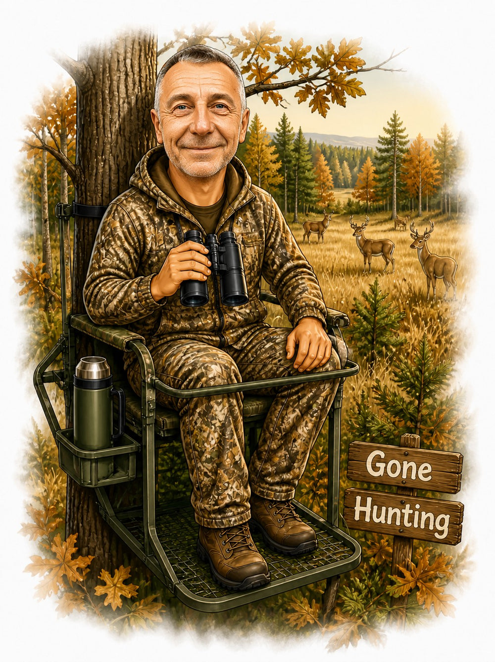 Hunter caricature in camo on tree stand with binoculars and Gone Hunting sign.