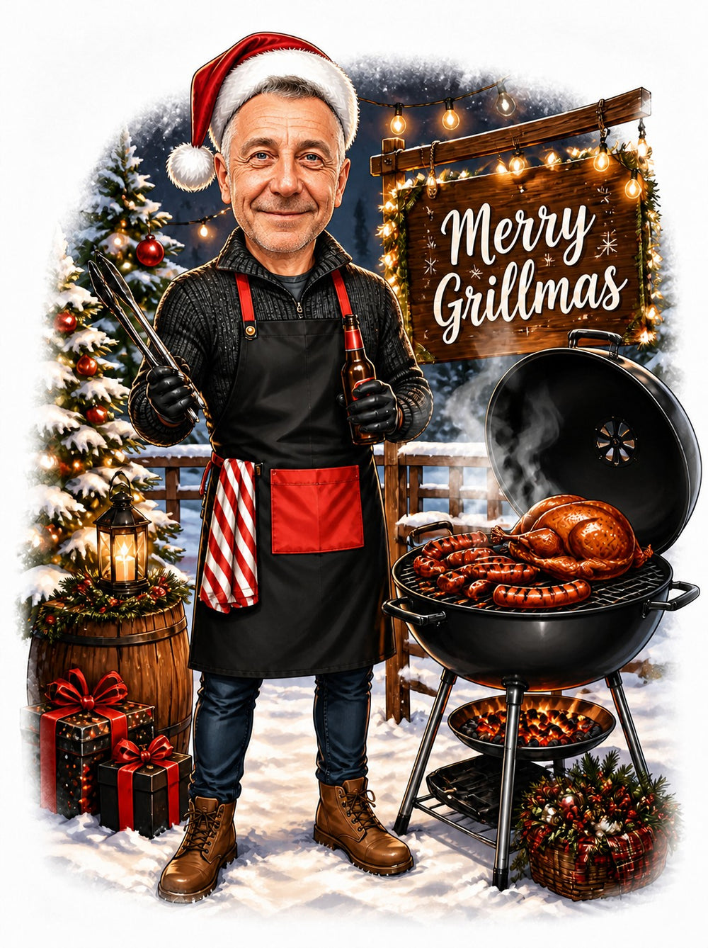 Santa-hat grillmaster caricature beside charcoal grill and Merry Grillmas sign in snowy yard.