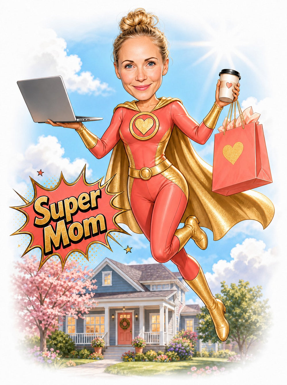 Super Mom caricature with gold cape, laptop, coffee and heart shopping bag outside home