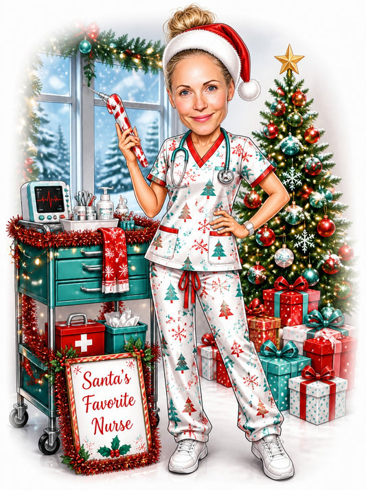 Festive female nurse with Santa hat and candy-cane syringe beside medical cart.