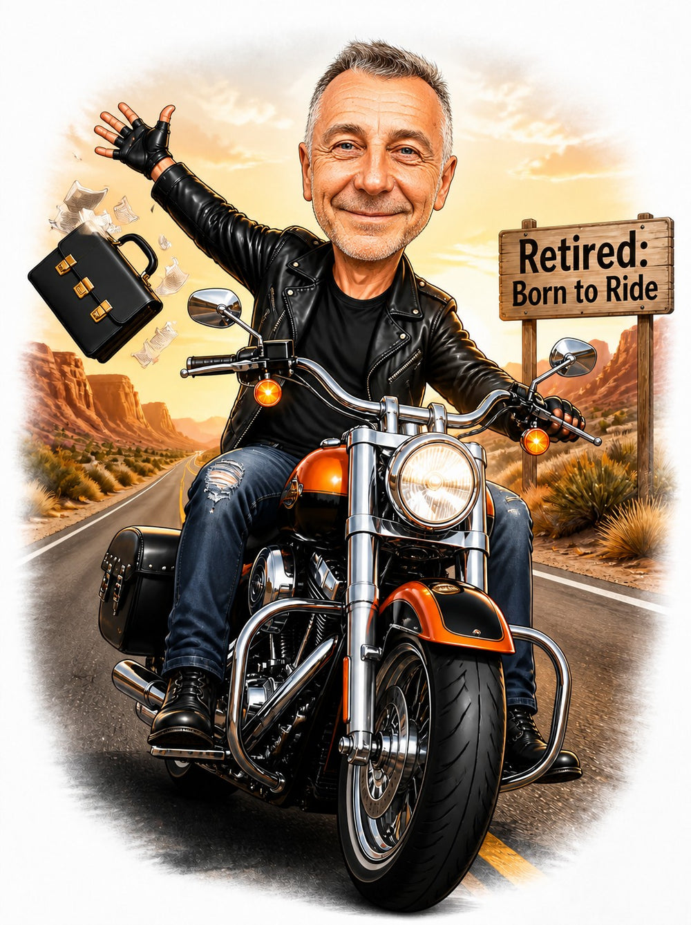 Retired biker caricature riding cruiser on desert road, leather jacket, Born to Ride sign.