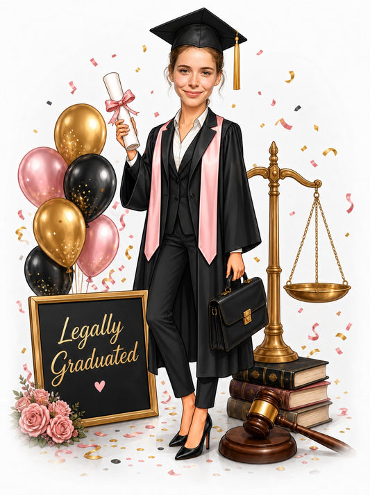 Woman law graduate holding diploma, pink-trimmed gown, scales of justice and gavel.