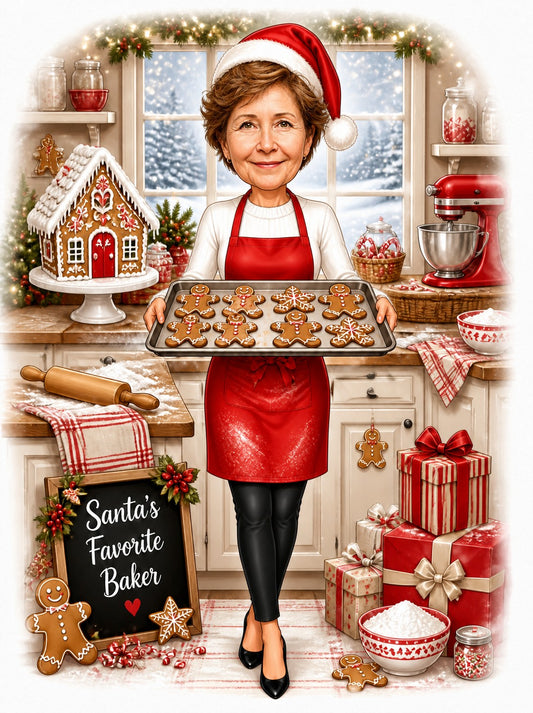 Woman in Santa hat holds gingerbread tray in festive kitchen with mixer and gingerbread house.