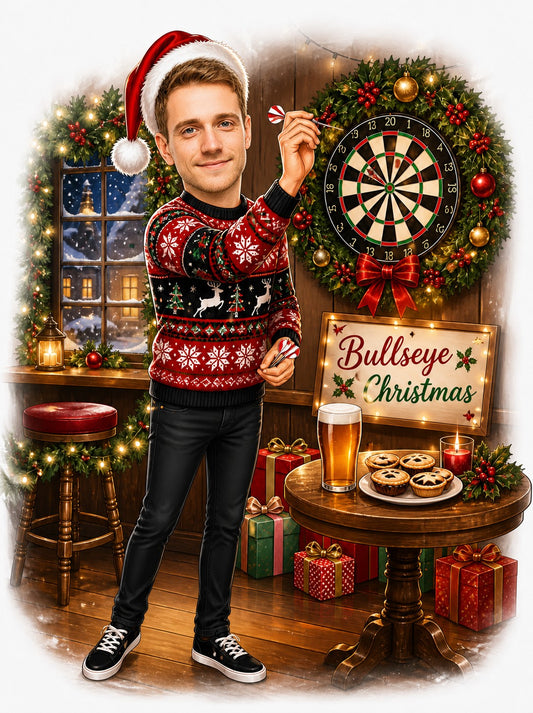 Man in Santa hat tossing dart beside wreath dartboard and Bullseye Christmas sign.