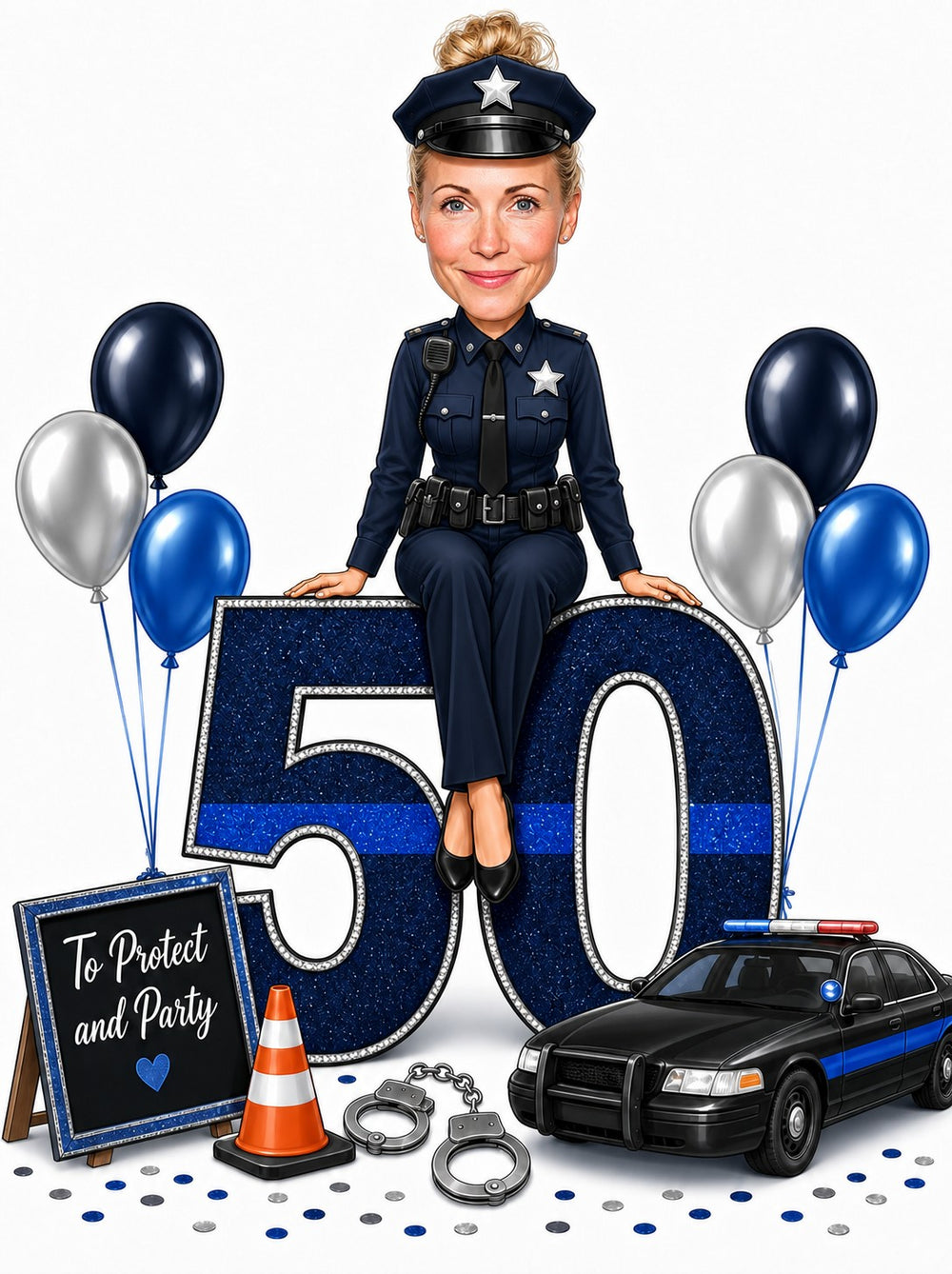 Woman police officer sits on glitter 50 with patrol car, handcuffs and balloons.