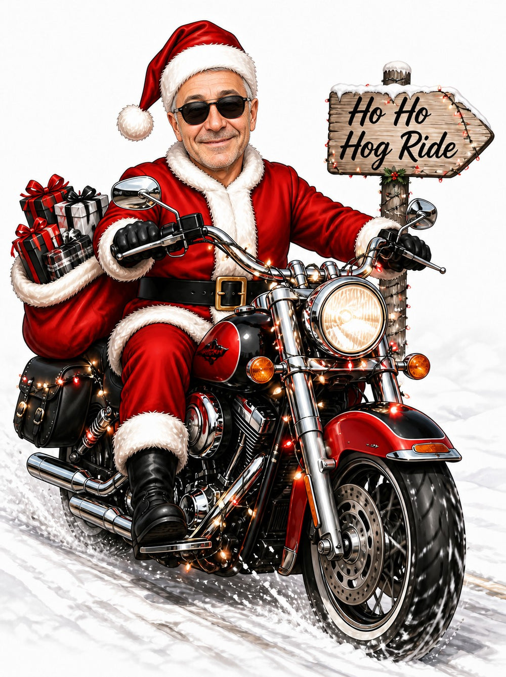 Santa biker riding red motorcycle in snow, Ho Ho Hog Ride sign, gift-filled saddlebags.