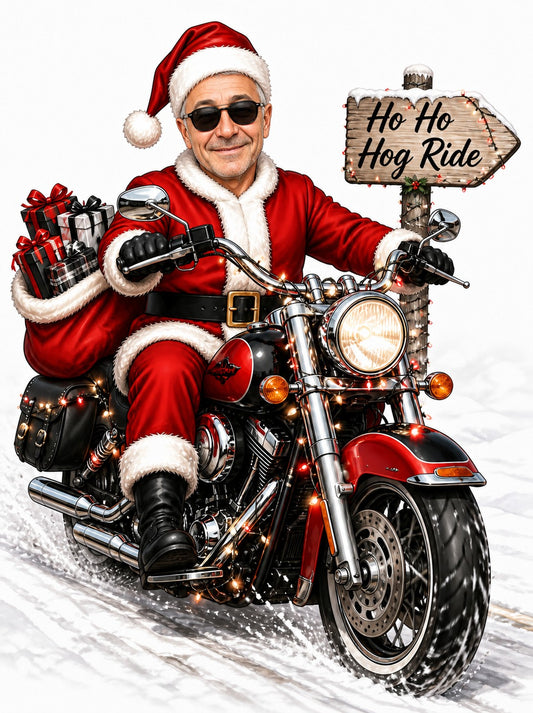 Santa biker riding red motorcycle in snow, Ho Ho Hog Ride sign, gift-filled saddlebags.