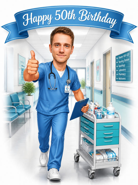 Male nurse in blue scrubs with stethoscope, hospital cart, Happy 50th Birthday banner.