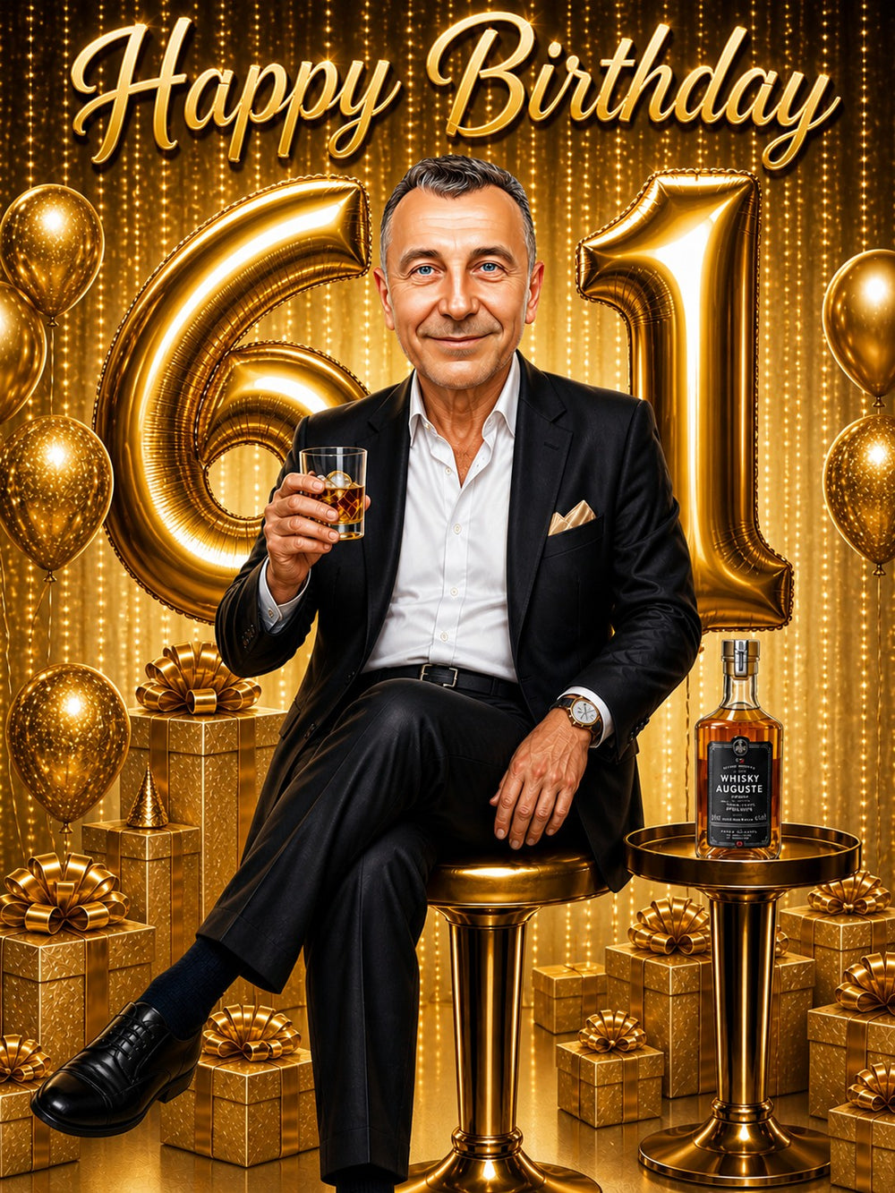 Elegant birthday scene with man in black suit, whiskey glass, giant gold 61 balloons.
