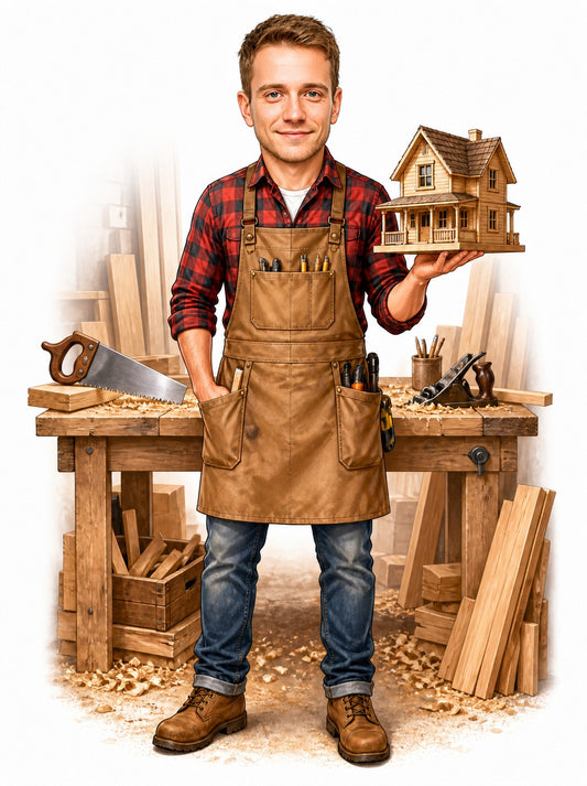 Carpenter caricature holding model house in workshop, apron, saw and hand plane.
