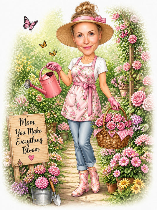 Mom in rose garden with pink watering can, basket of roses, and sign reading Mom, You Make Everything Bloom.