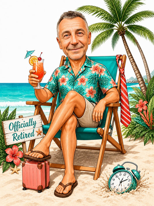 Retired man on beach chair with cocktail, hibiscus shirt, Officially Retired sign.