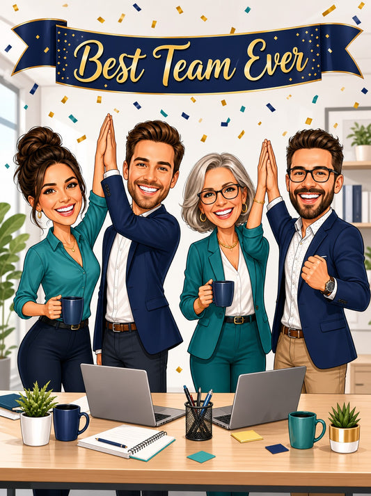 Four coworkers high-five under Best Team Ever banner, with laptops and coffee mugs.