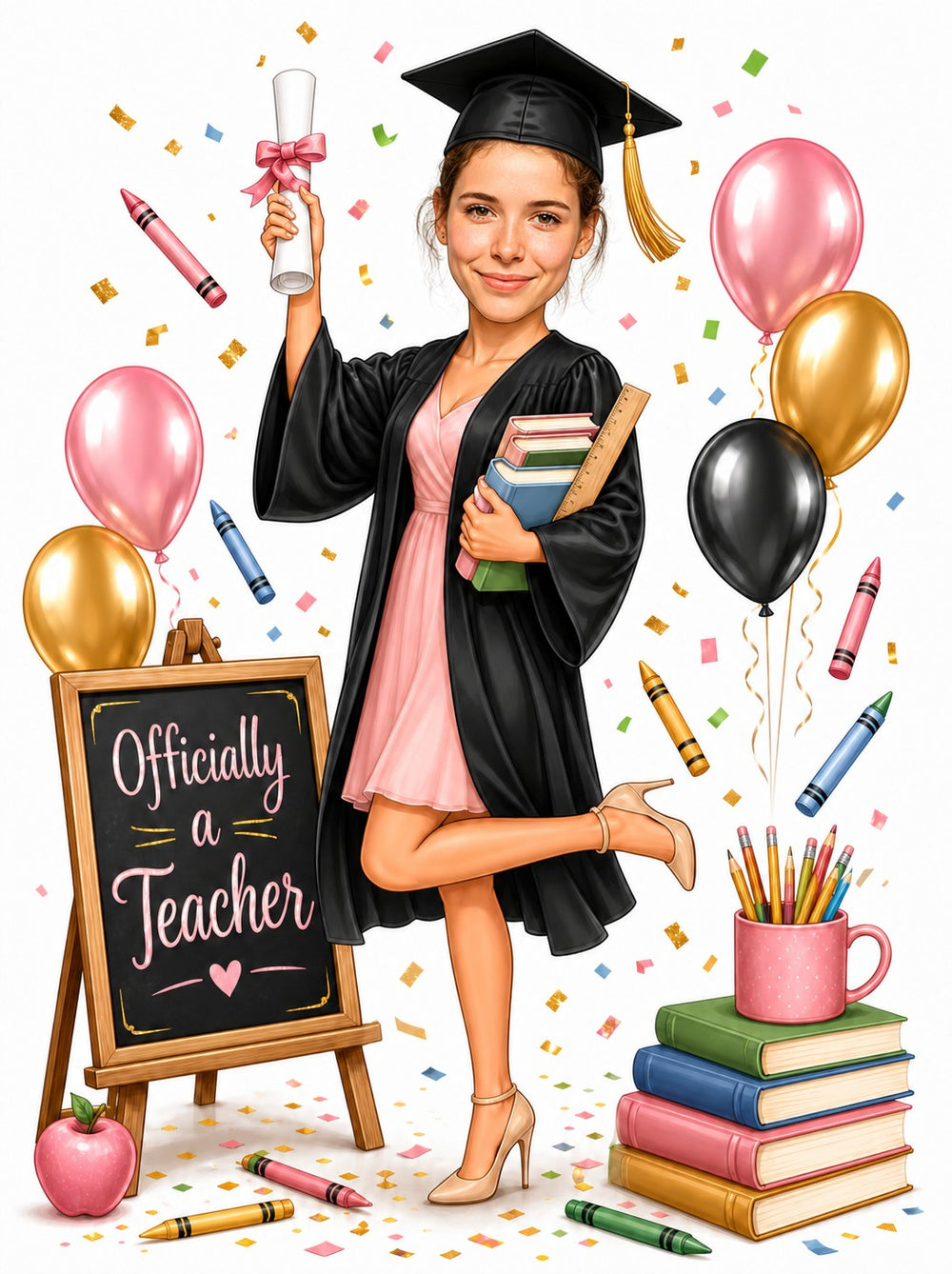 Woman in cap and gown with diploma, Officially a Teacher chalkboard, balloons and confetti.