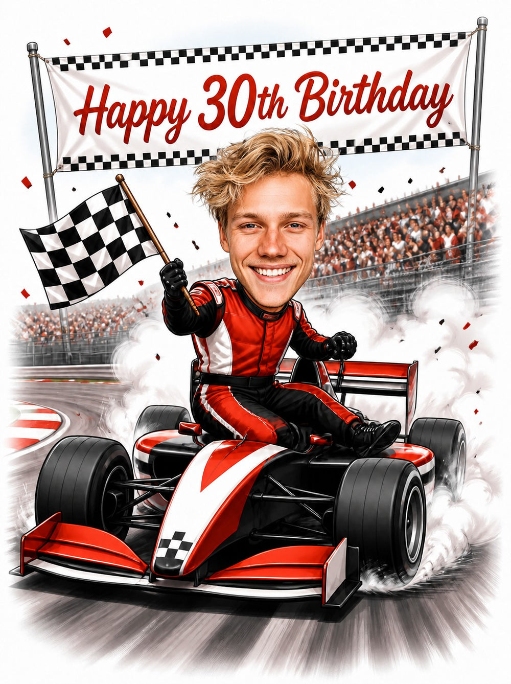 Racing driver caricature in red suit driving formula car with checkered flag and birthday banner
