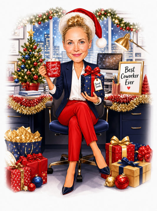 Female coworker in Santa hat holding Secret Santa mug and gift in festive office.