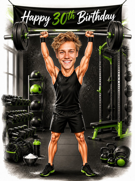 Cartoon man lifting barbell overhead in black-green gym with Happy 30th Birthday banner