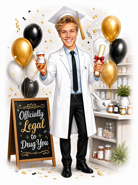 Pharmacist graduation caricature holding Rx bottle and diploma beside cheeky chalkboard sign.
