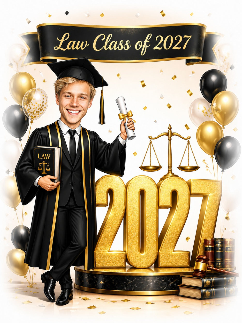 Male law graduate caricature in black-gold gown holding diploma and LAW book, golden 2027, scales, balloons.