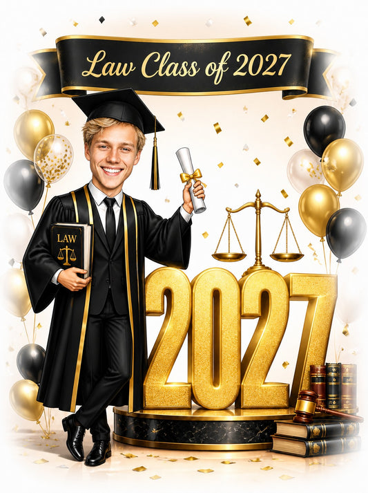 Male law graduate caricature in black-gold gown holding diploma and LAW book, golden 2027, scales, balloons.
