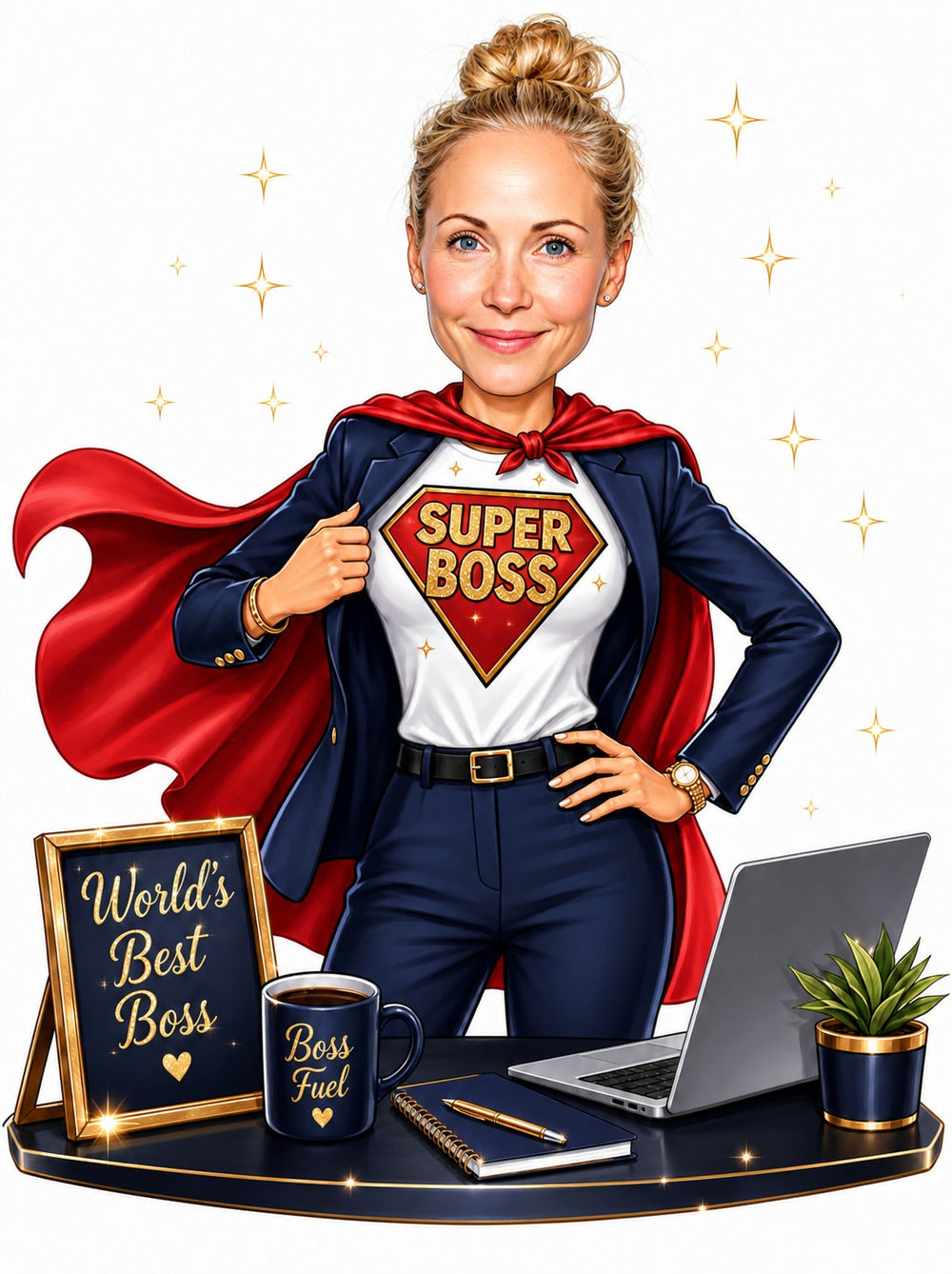 Female boss caricature in suit with red cape and Super Boss shirt at desk.