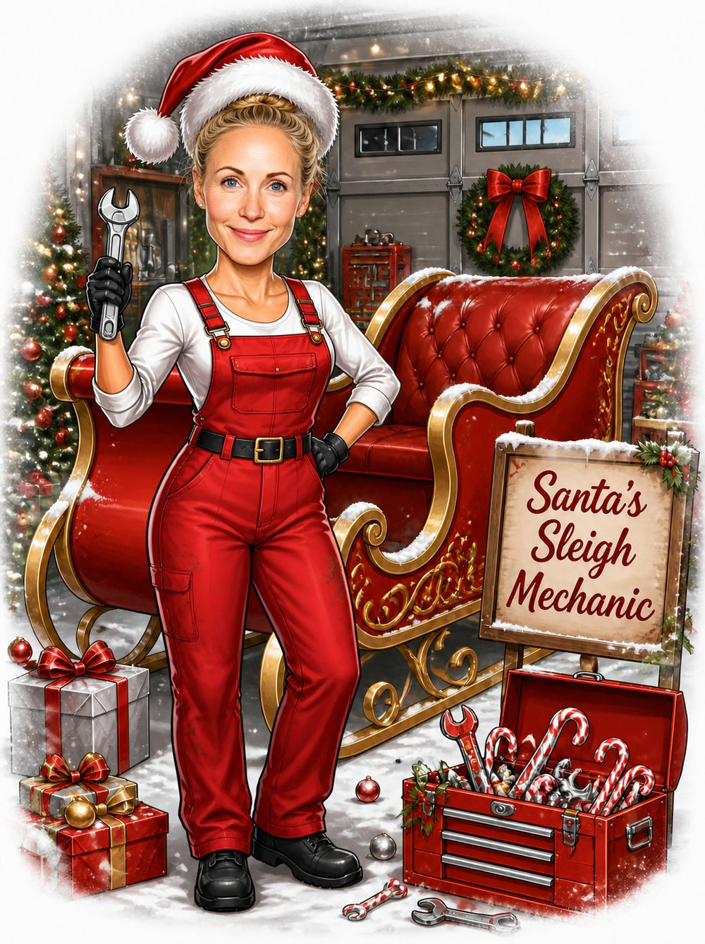 Female mechanic in red overalls fixing Santa's sleigh with wrench and toolbox