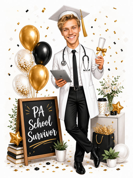 PA school graduation caricature with stethoscope, diploma, gold balloons and chalkboard.