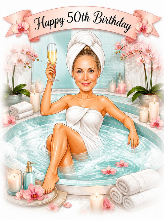 Woman in hot tub spa caricature with towel wrap, champagne glass, orchids and candles, birthday banner.