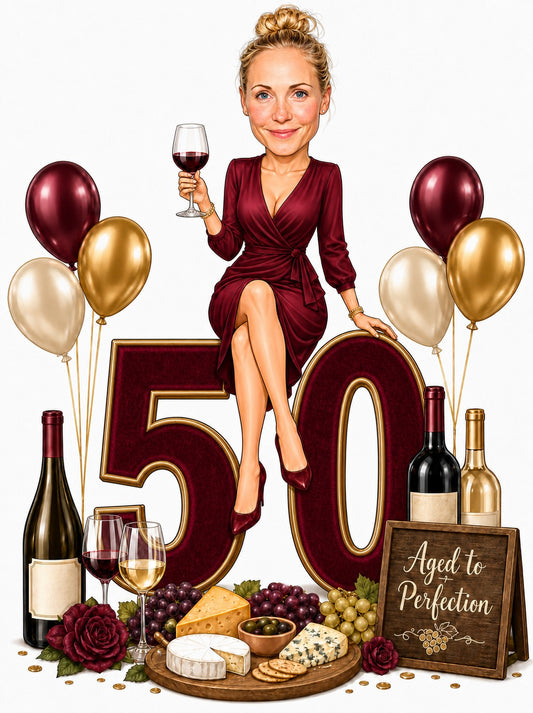 Wine lover caricature of woman on giant age number with balloons, wine and cheese.