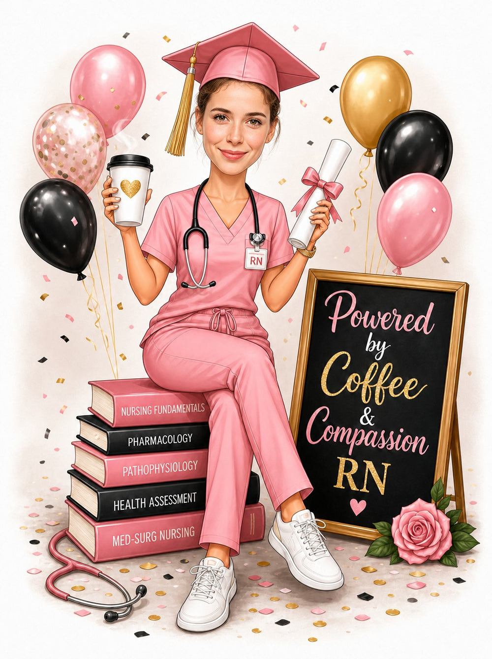 Nurse graduate in pink scrubs and cap holding coffee and diploma with balloons.