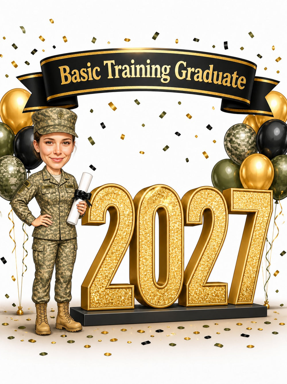 Female soldier caricature in camo, holding diploma beside gold 2027, banner and black-gold balloons.