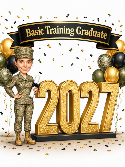 Female soldier caricature in camo, holding diploma beside gold 2027, banner and black-gold balloons.