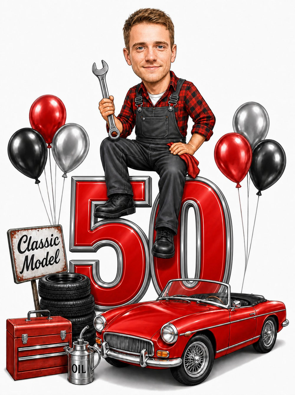 Car lover birthday caricature, man on giant 50 holding wrench, red convertible.