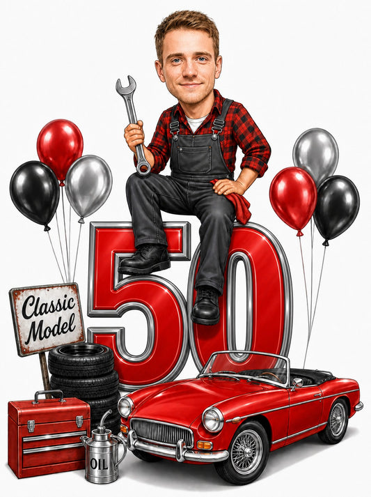Car lover birthday caricature, man on giant 50 holding wrench, red convertible.