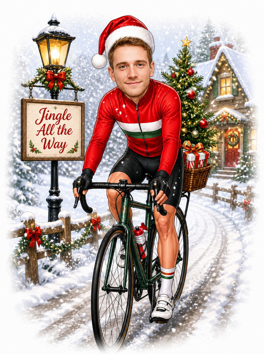 Male cyclist in Santa hat rides snowy lane, Jingle All the Way sign, gifts in basket.