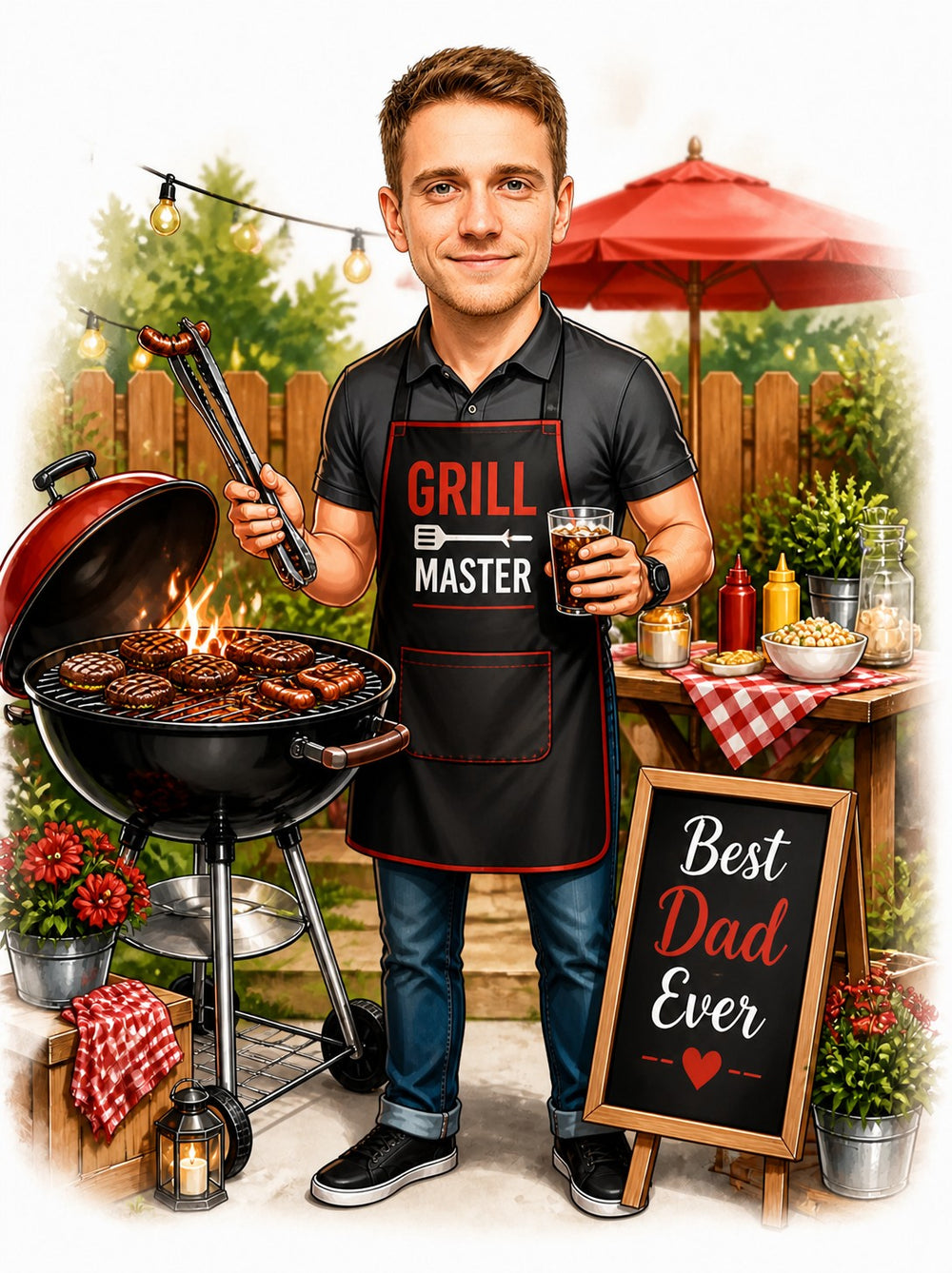 Caricature of dad grilling at backyard BBQ with Grill Master apron and sign
